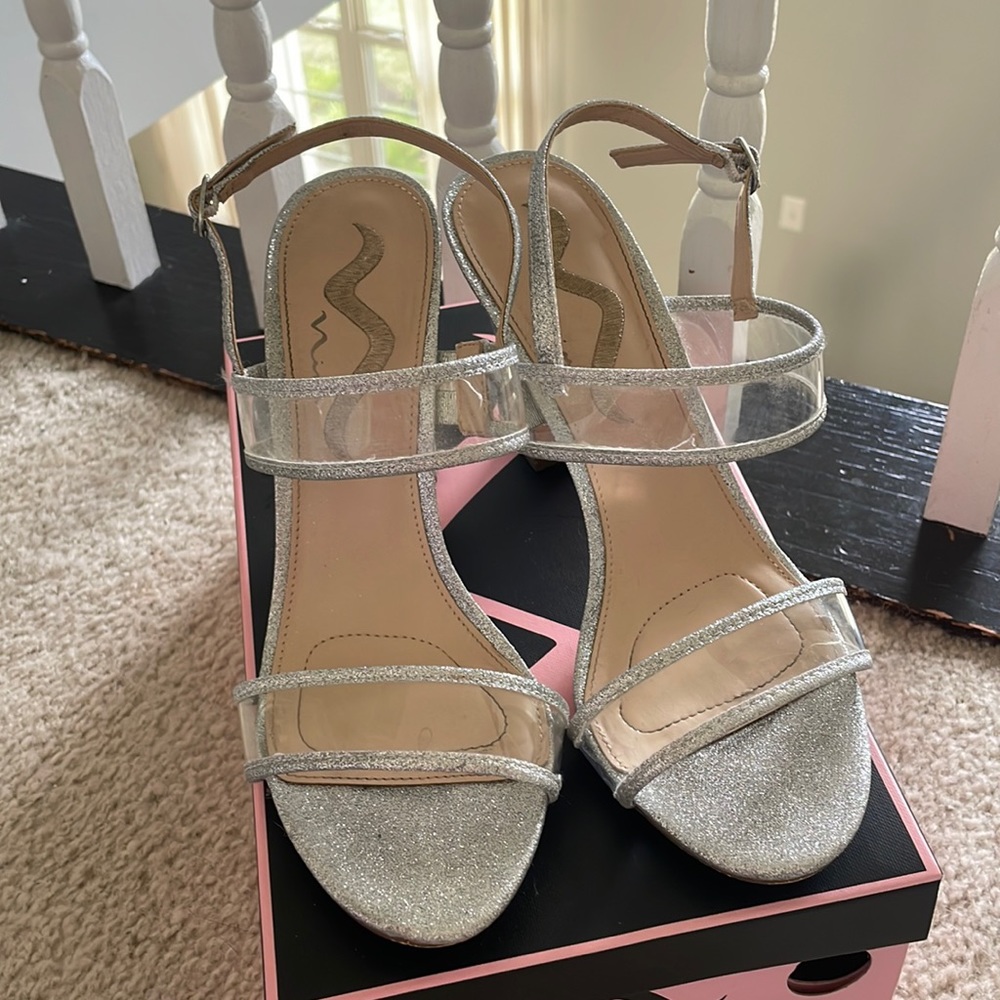 Nina Sheila YG Silver Sparkle Clear Sandal Heel